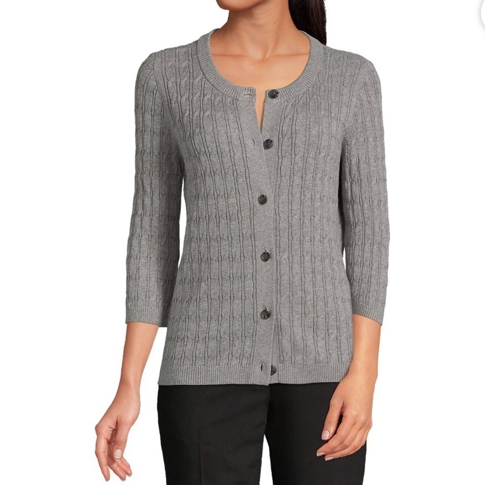Lands End Womens Grey Cotton Modal 3/4 Sleeve Cable Cardigan Sweater size medium